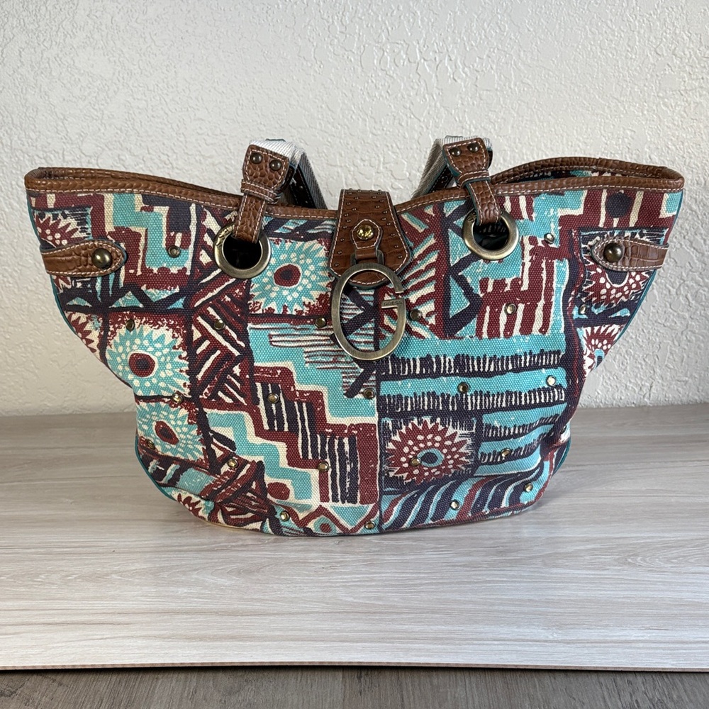Guess Brown and Teal Patterned Tote